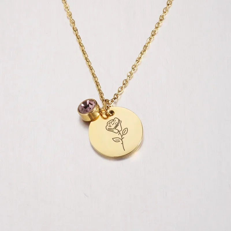 Birth Flower Birthstone Necklace - 18K Gold Plated Stainless Steel Disc Pendant Gift for Her