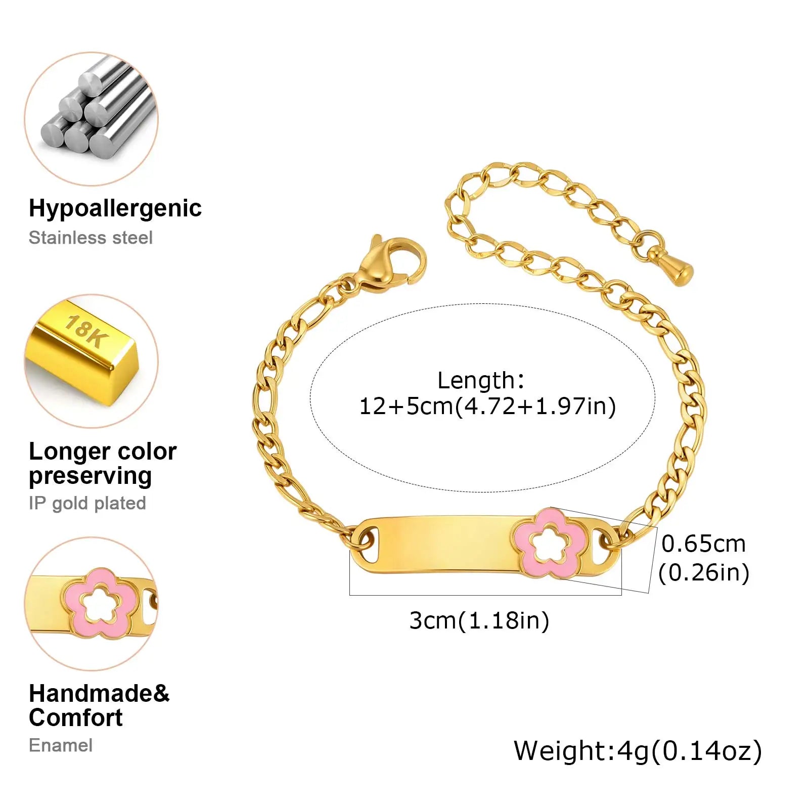 Personalized Baby Name Bracelet | 18K Gold Plated Flower ID Bar Bracelet for Kids | Waterproof Tarnish-Free Gift