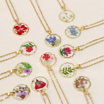 Pressed Flower Resin Necklace | Handmade Real Dried Flower Pendant | Gold Plated Botanical Jewelry