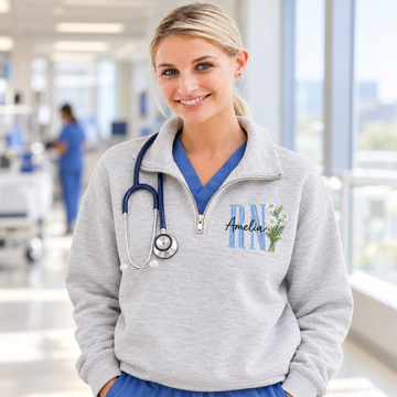 Personalized Birth Flower Nurse Quarter Zip Sweatshirt, Custom Name Embroidery, RN Nursing Graduation Gift for Her