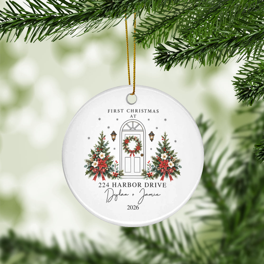 Personalized First Christmas in Our New Home Ceramic Ornament | Custom Address, Names & Year