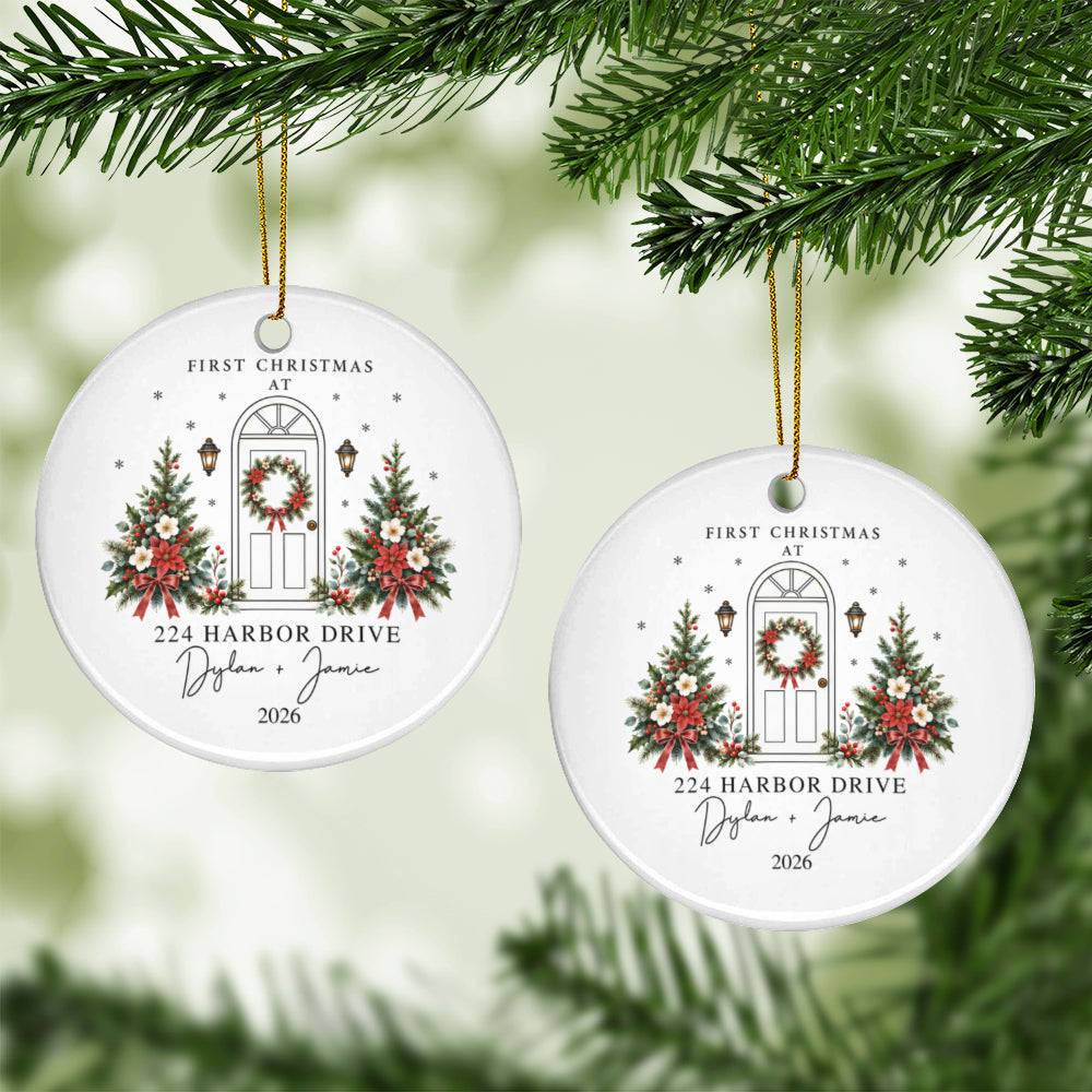 Personalized First Christmas in Our New Home Ceramic Ornament | Custom Address, Names & Year