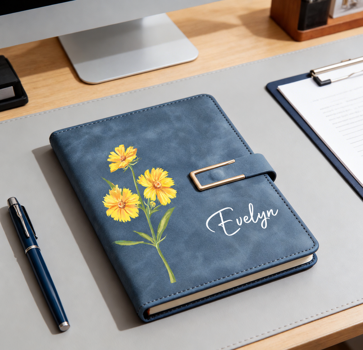Personalized blue birth flower notebook with custom name Evelyn