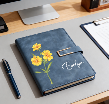 Personalized blue birth flower notebook with custom name Evelyn