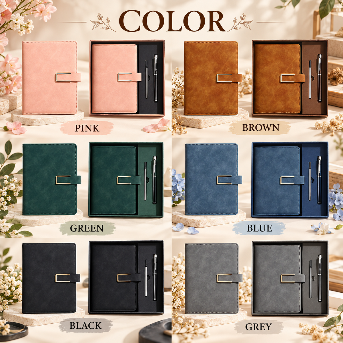 Personalized notebook color options in pink brown green blue black and grey