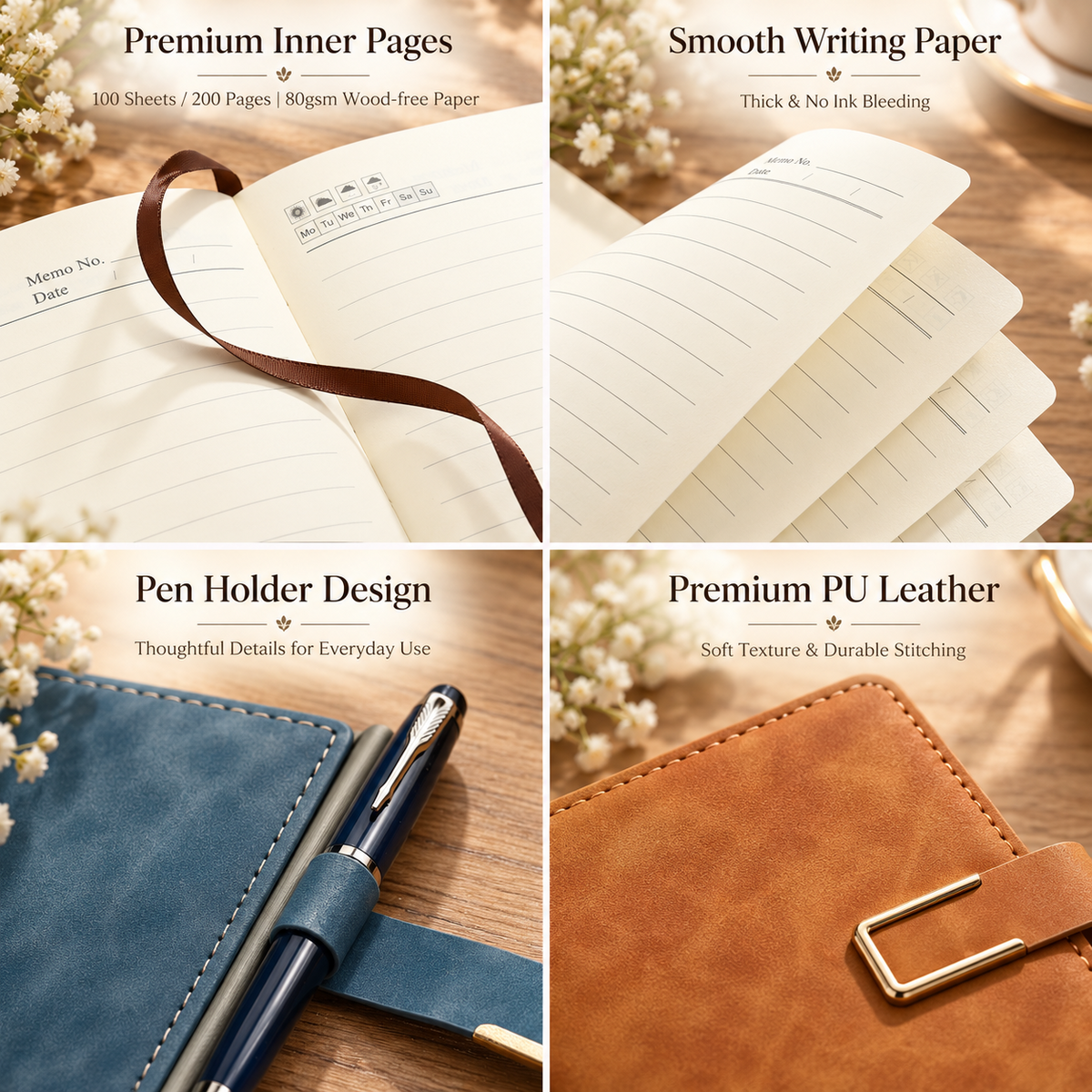 PU leather notebook inner pages paper pen holder and material details