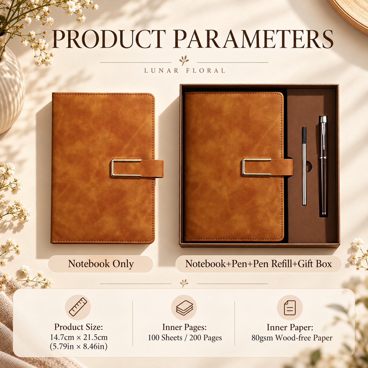 Notebook product size pages paper and gift set contents