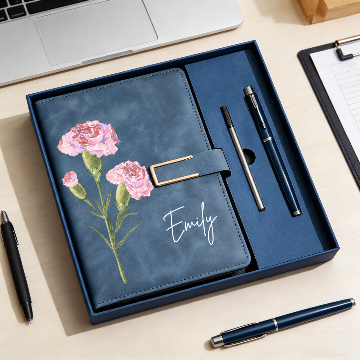Blue personalized birth flower notebook and pen gift set with custom name Emily