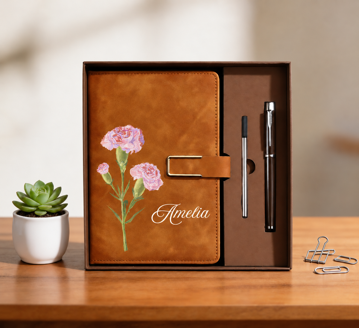 Brown personalized birth flower journal gift set with custom name Amelia