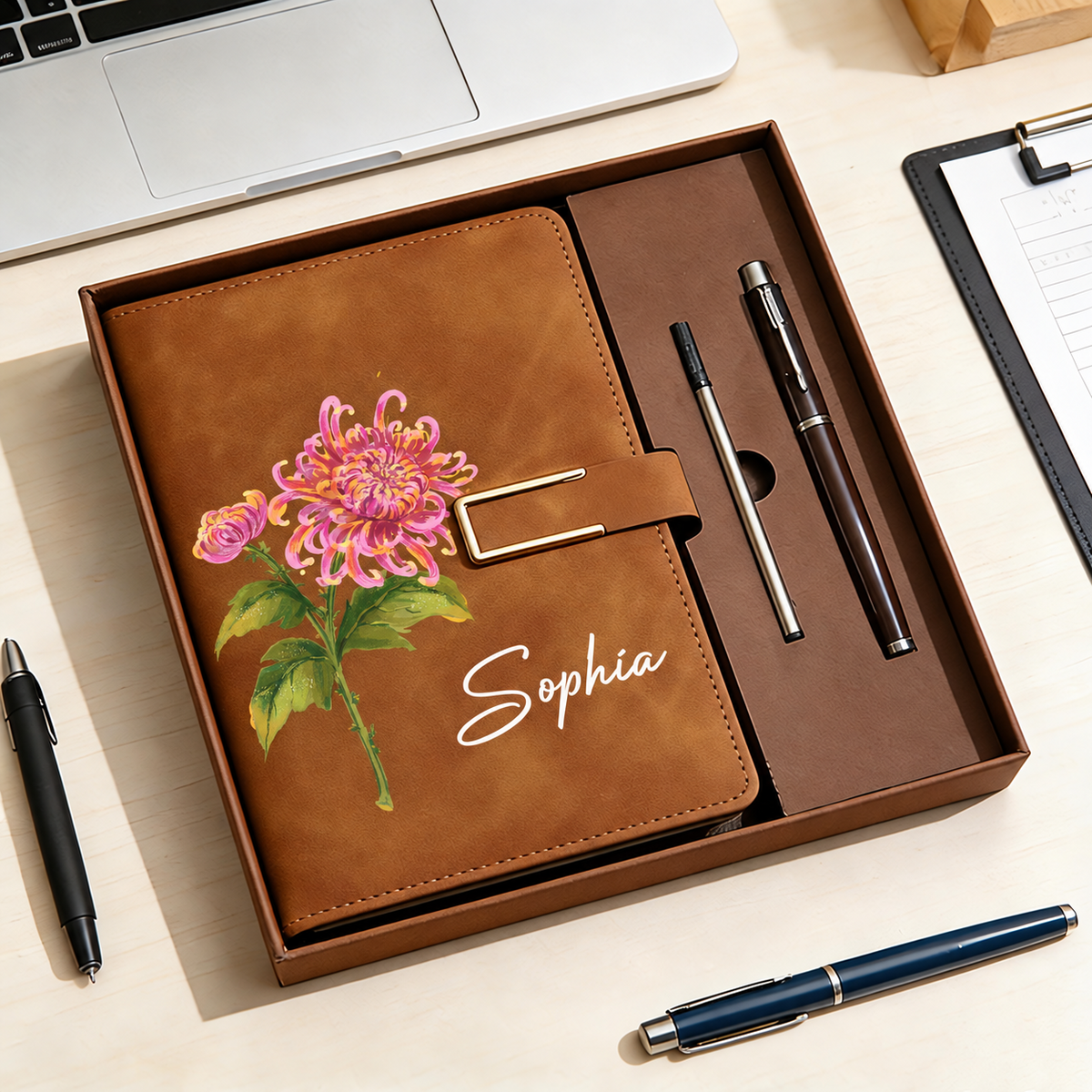 Brown personalized birth flower notebook and pen gift set with custom name Sophia