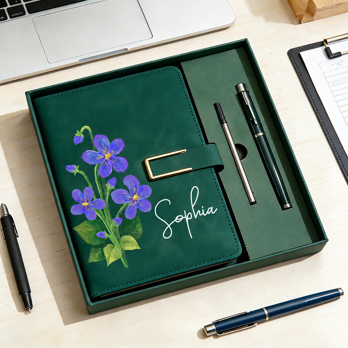 Green personalized floral notebook and pen gift set with custom name Sophia
