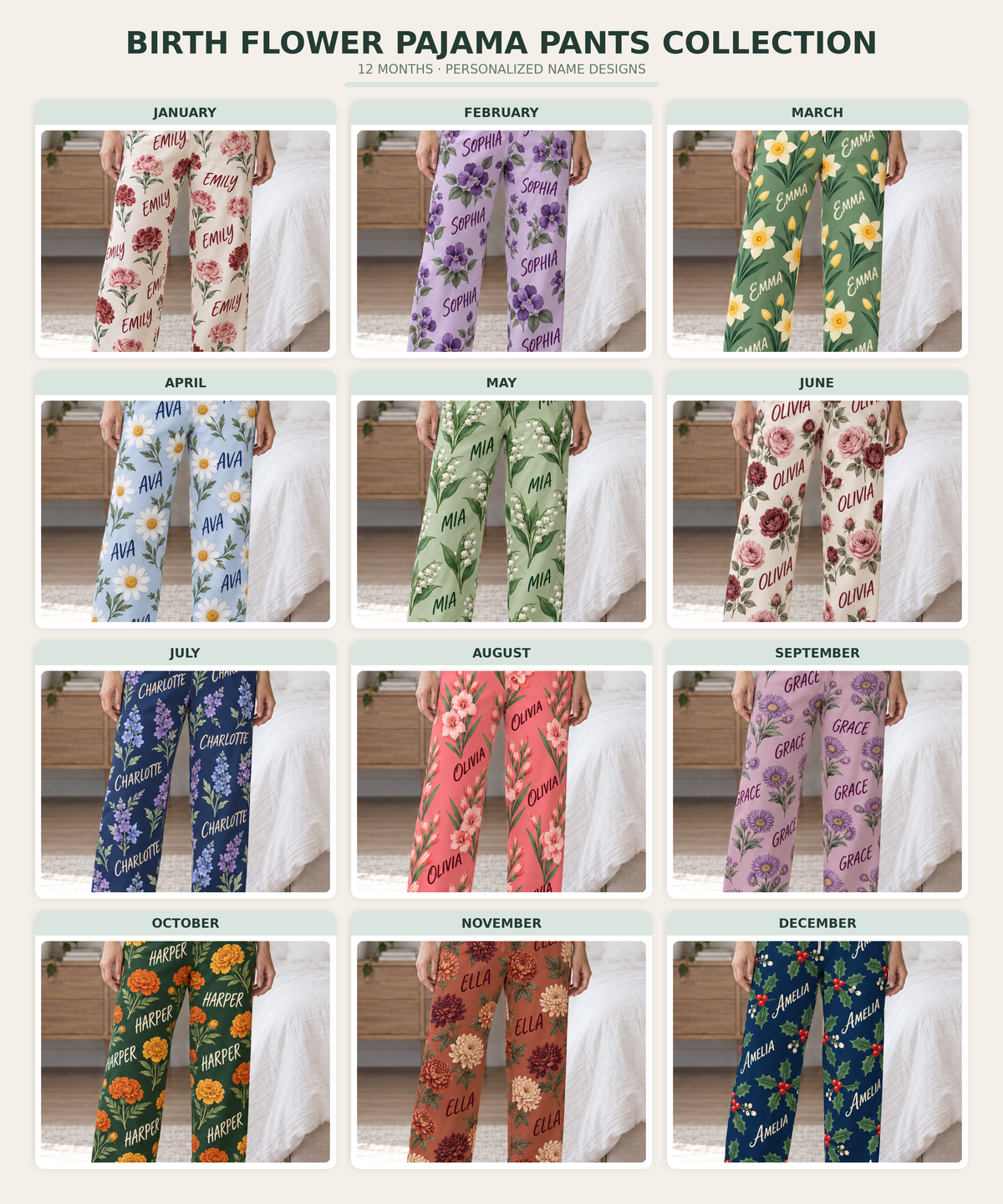 Personalized Birth Flower Pajama Set – Custom Name Floral Sleepwear for Women