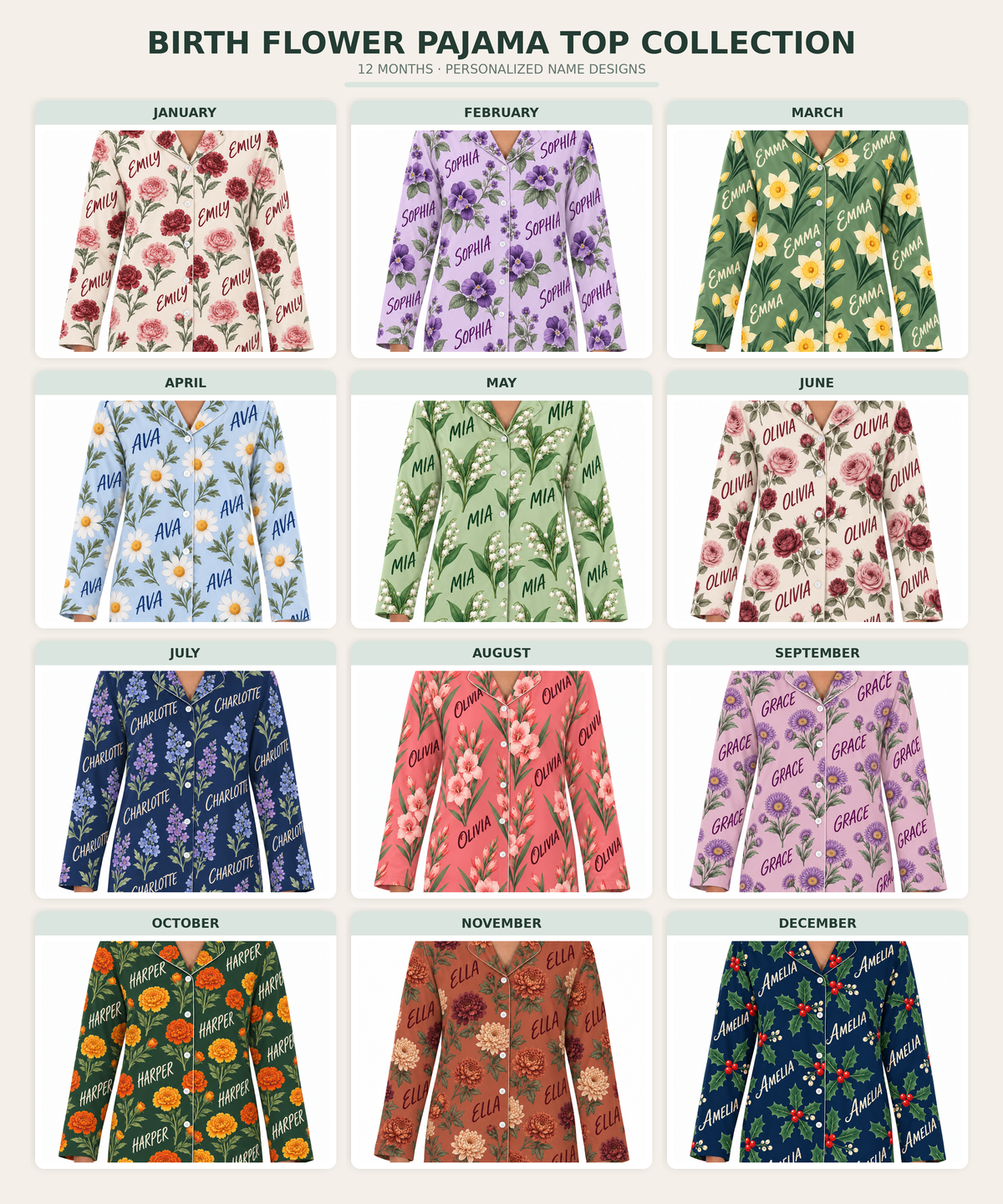 Personalized Birth Flower Pajama Set – Custom Name Floral Sleepwear for Women