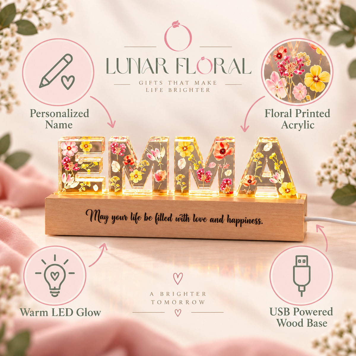 Personalized Flower Resin Name Night Light – Dried Floral LED Lamp, Custom Gift for Her
