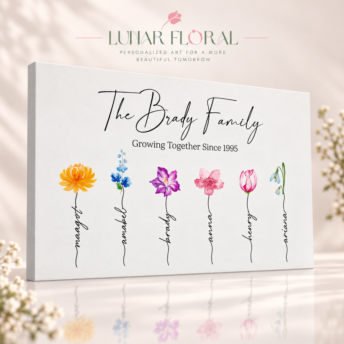 Personalized Birth Month Flower Family Canvas – Custom Name Watercolor Floral Wall Art