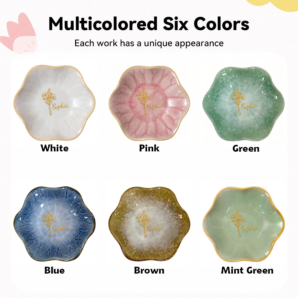 Custom Birth Flower Ceramic Jewelry Dish – Personalized Name Scalloped Trinket Tray
