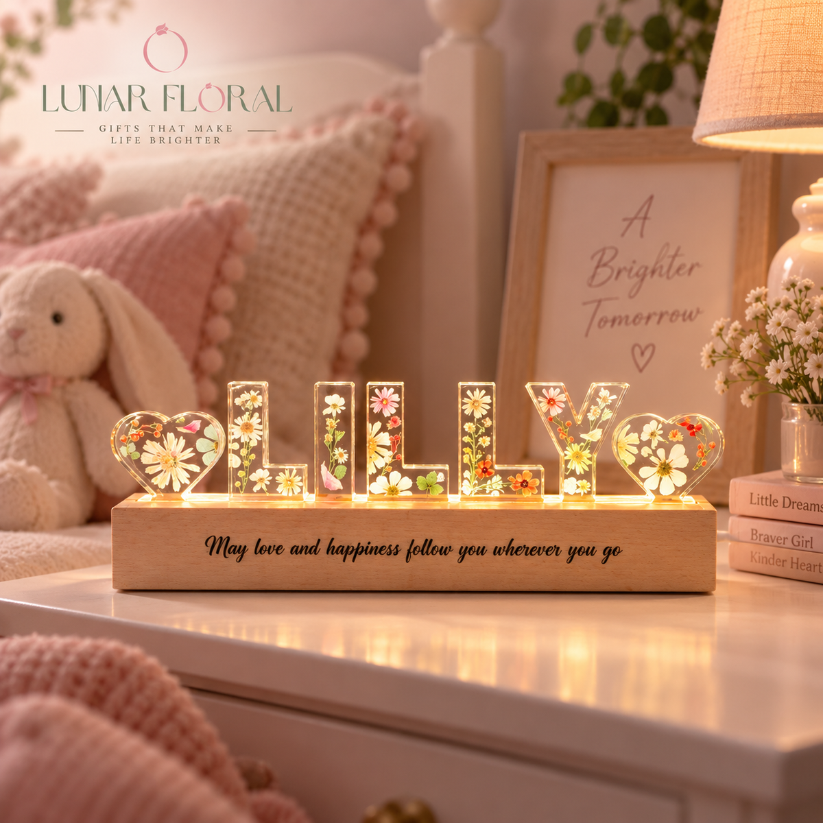Personalized Flower Resin Name Night Light – Dried Floral LED Lamp, Custom Gift for Her
