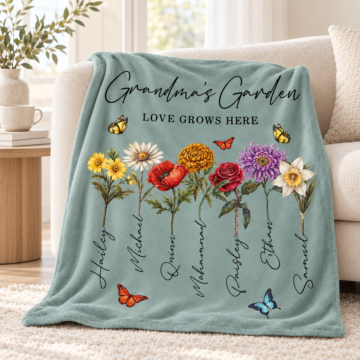 Personalized floral grandma blanket lifestyle mockup