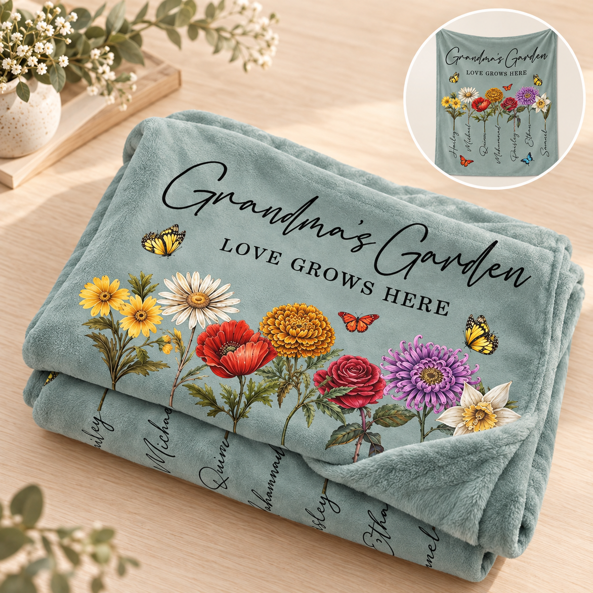 Folded personalized Grandma's Garden blanket