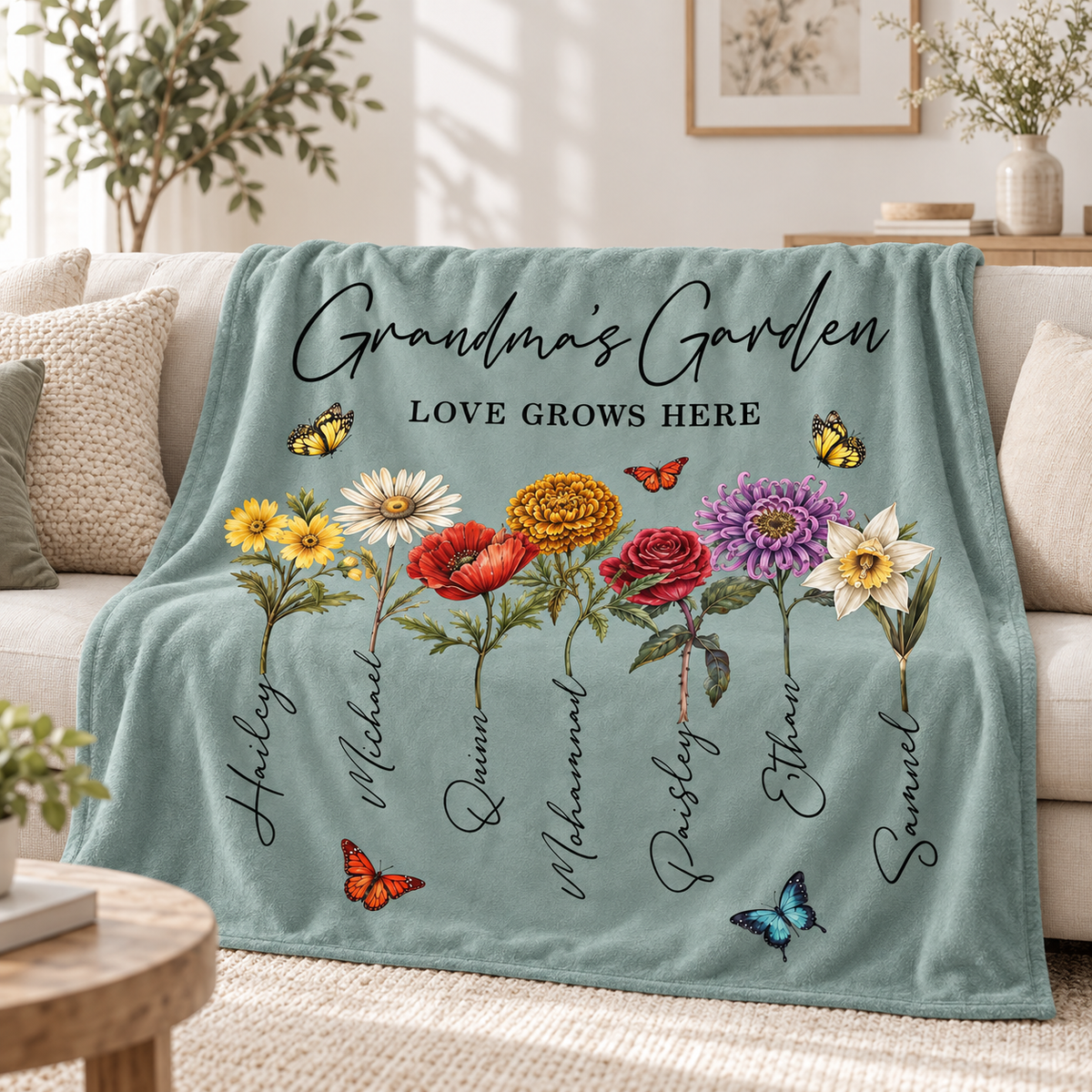 Grandma's Garden personalized blanket on sofa