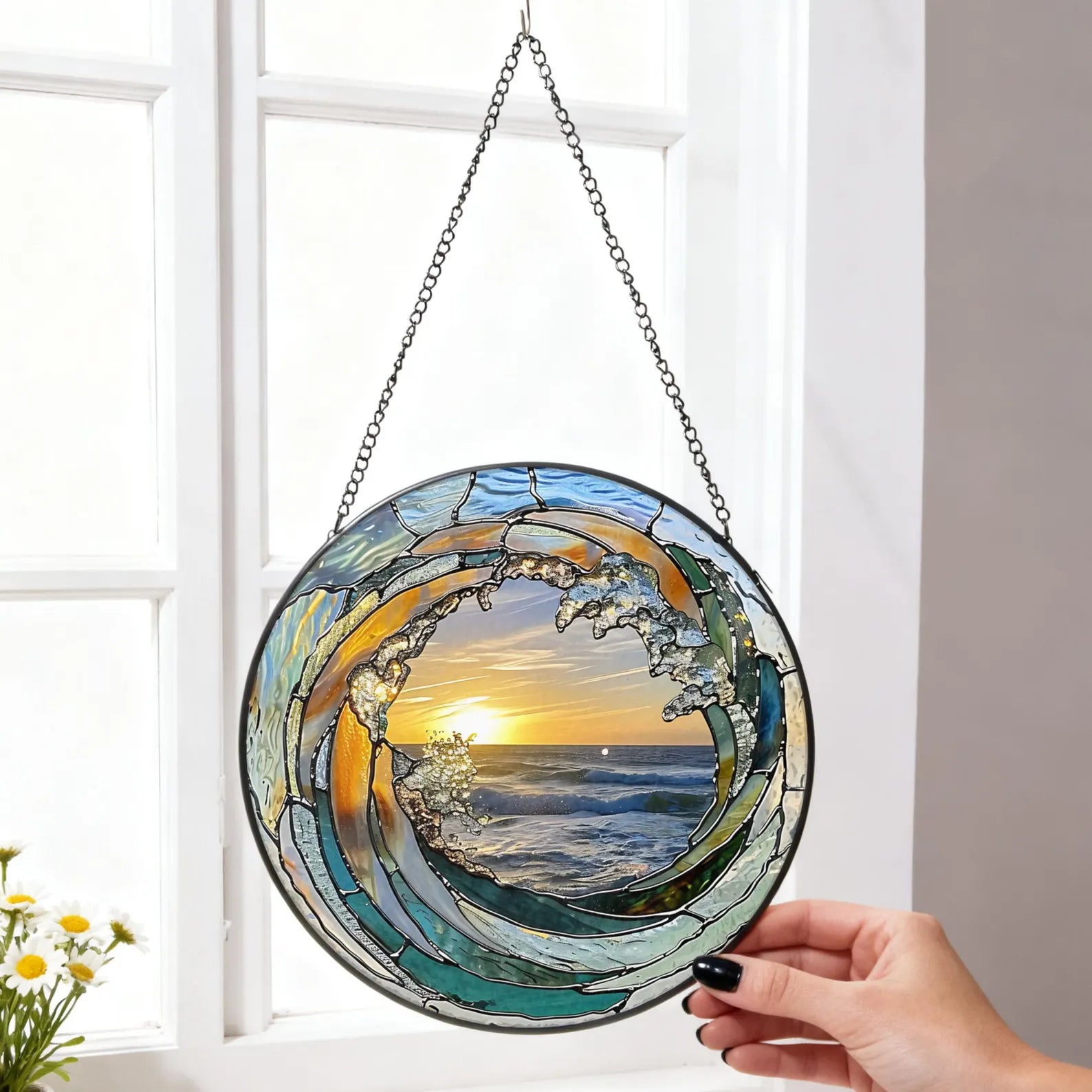 Ocean Wave Stained Glass Suncatcher