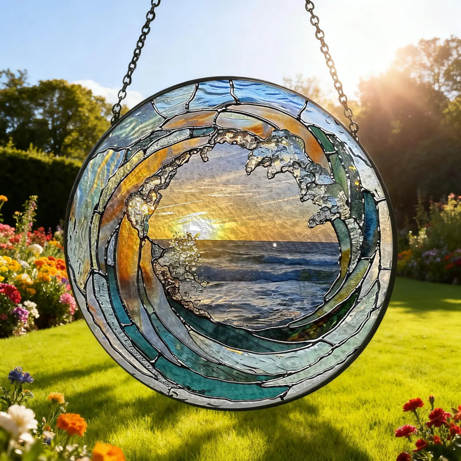 Ocean Wave Stained Glass Suncatcher