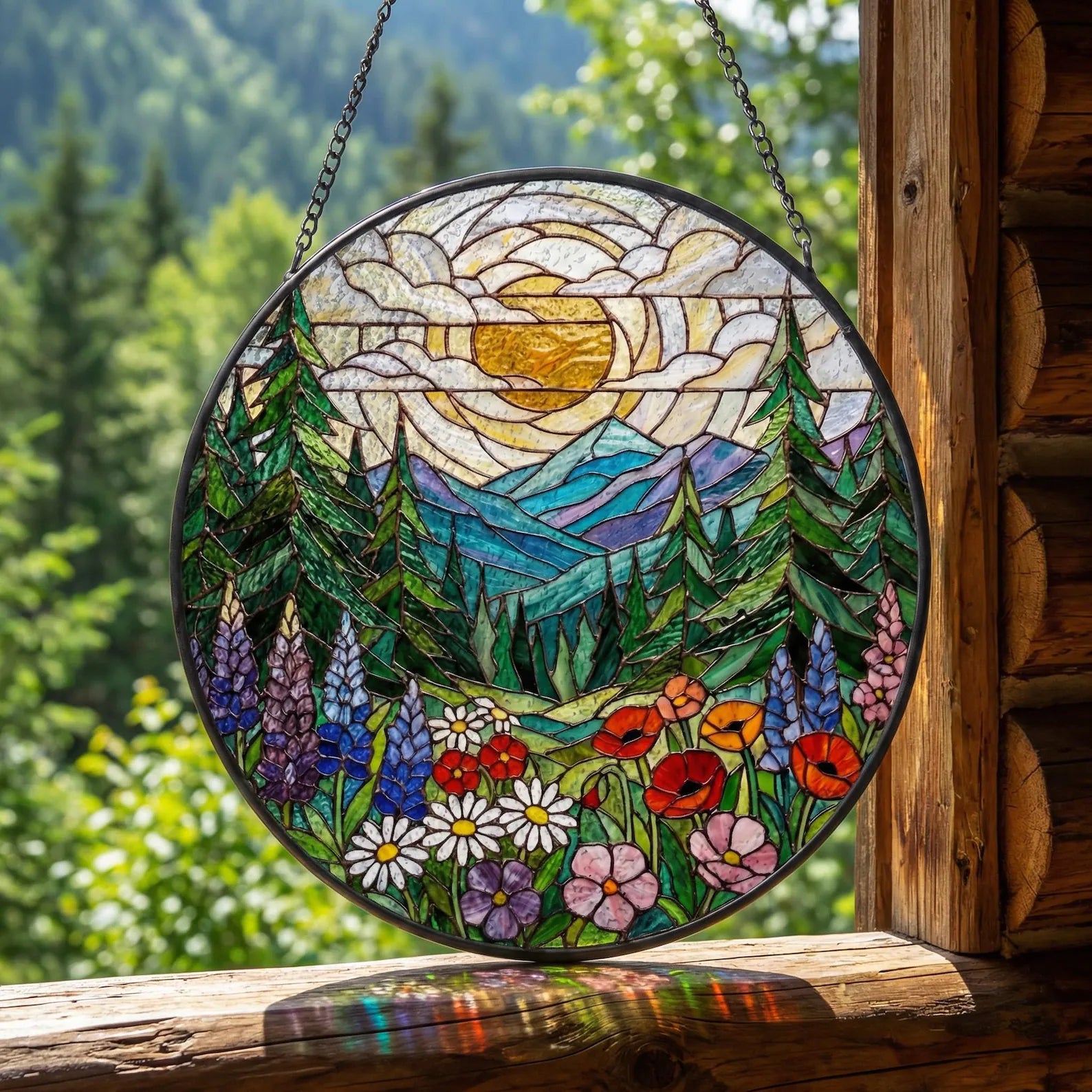 Forest Mountain Stained Glass Suncatcher