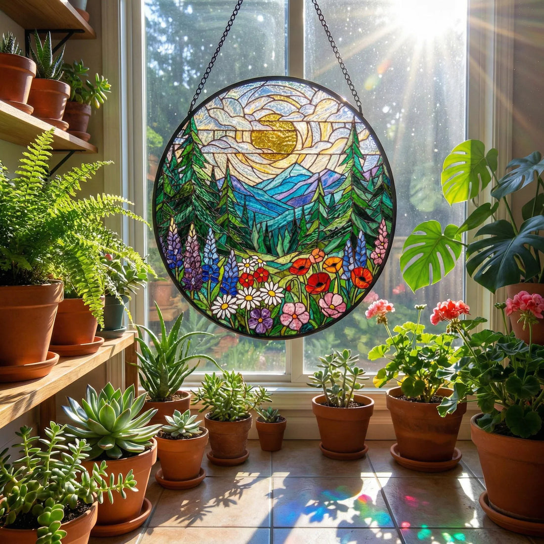 Forest Mountain Stained Glass Suncatcher