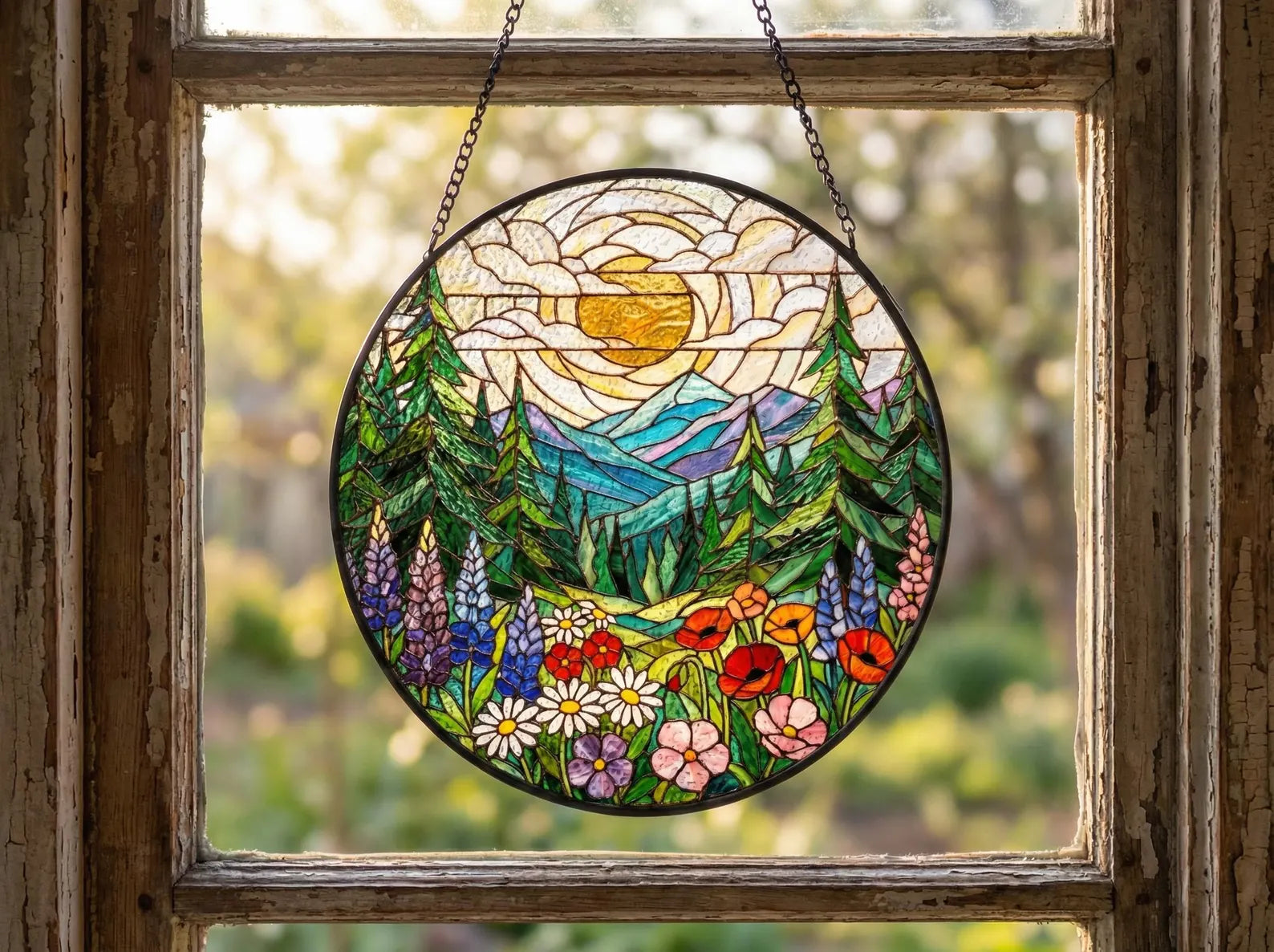 Forest Mountain Stained Glass Suncatcher