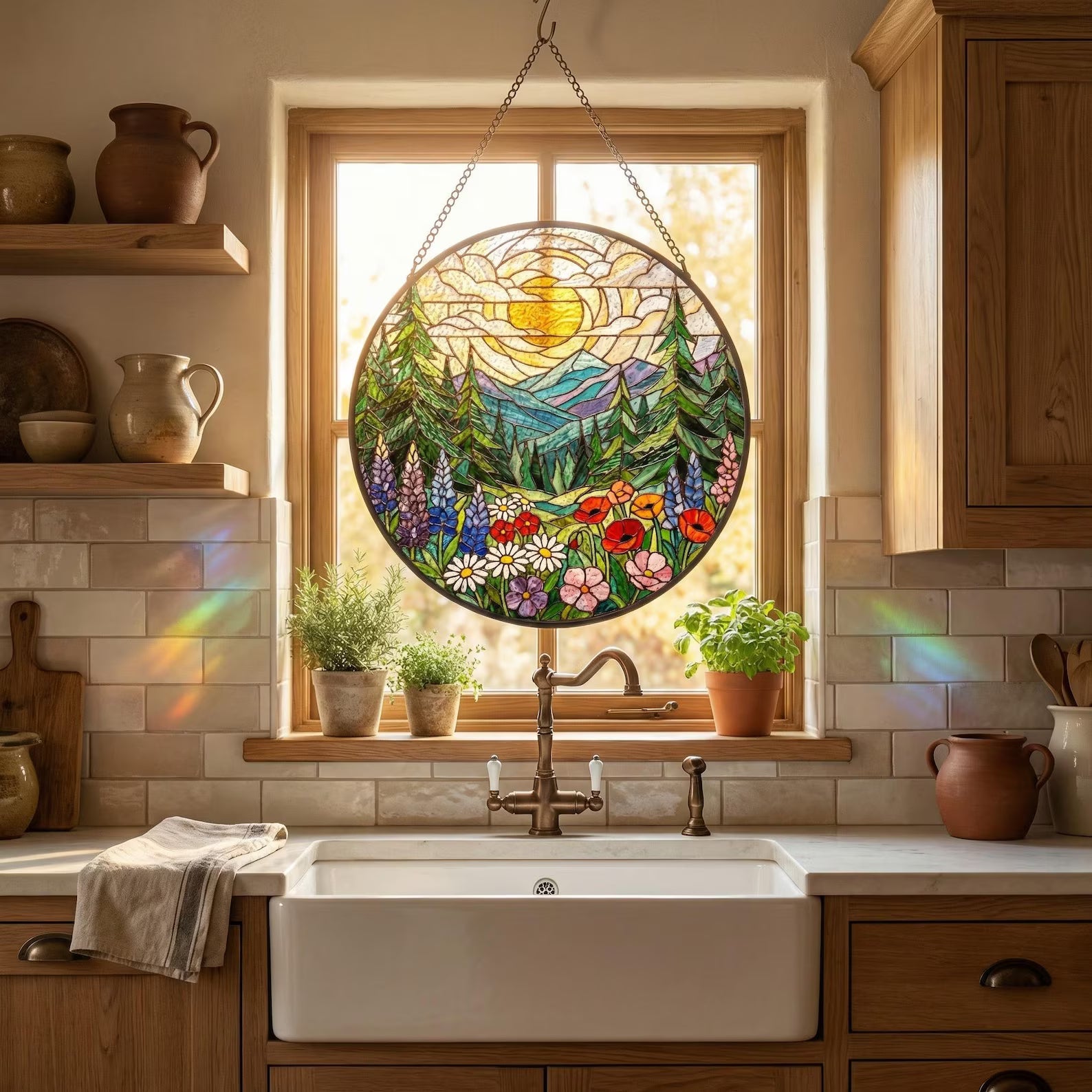 Forest Mountain Stained Glass Suncatcher