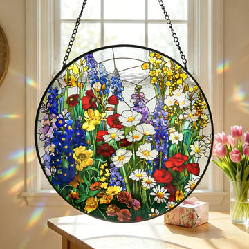 Floral Meadow Stained Glass Suncatcher, Rainbow Mom/Grandma Garden Window Art Gift For Her