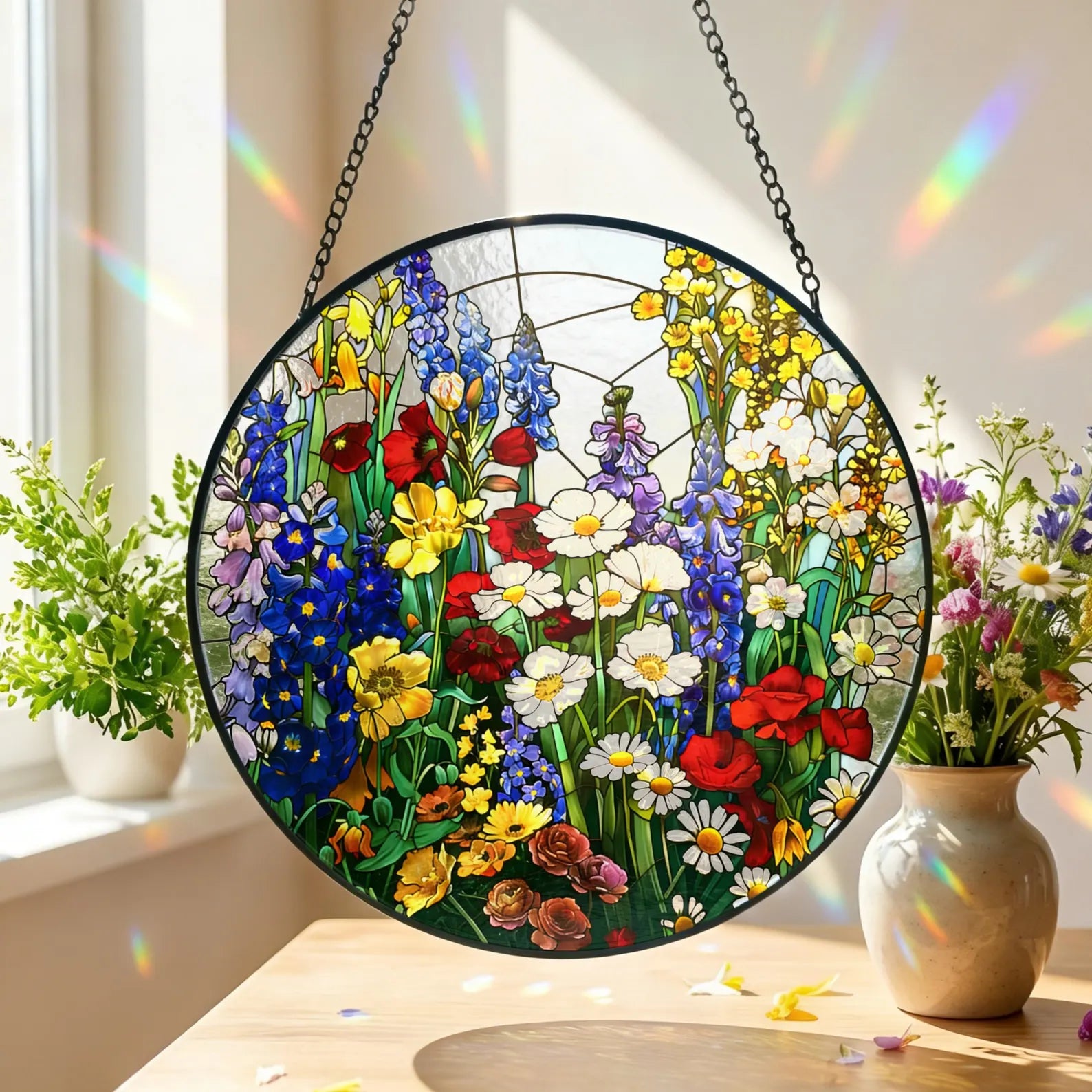 Floral Meadow Stained Glass Suncatcher, Rainbow Mom/Grandma Garden Window Art Gift For Her