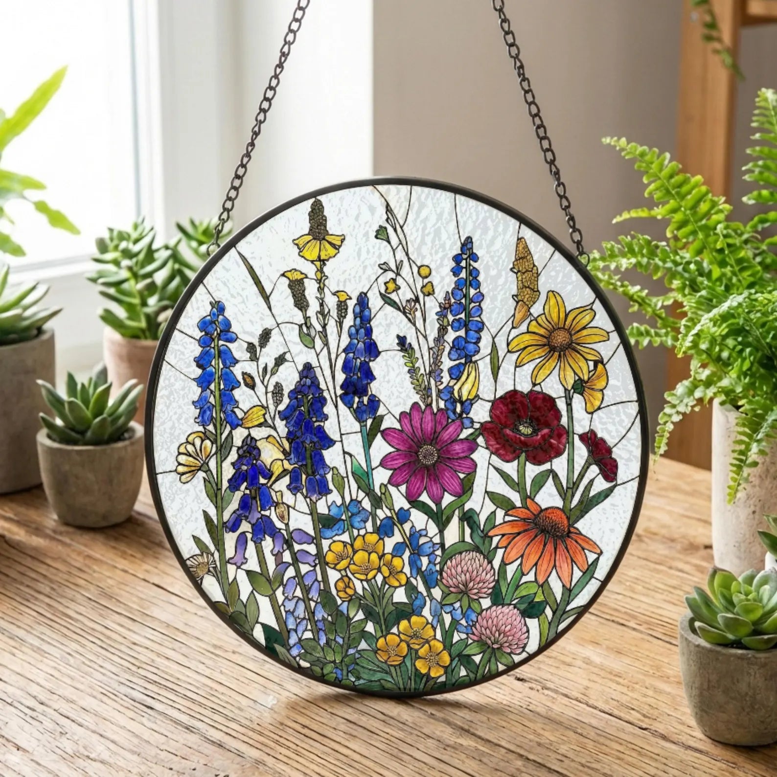 Floral Meadow Stained Glass Suncatcher, Rainbow Mom/Grandma Garden Window Art Gift For Her