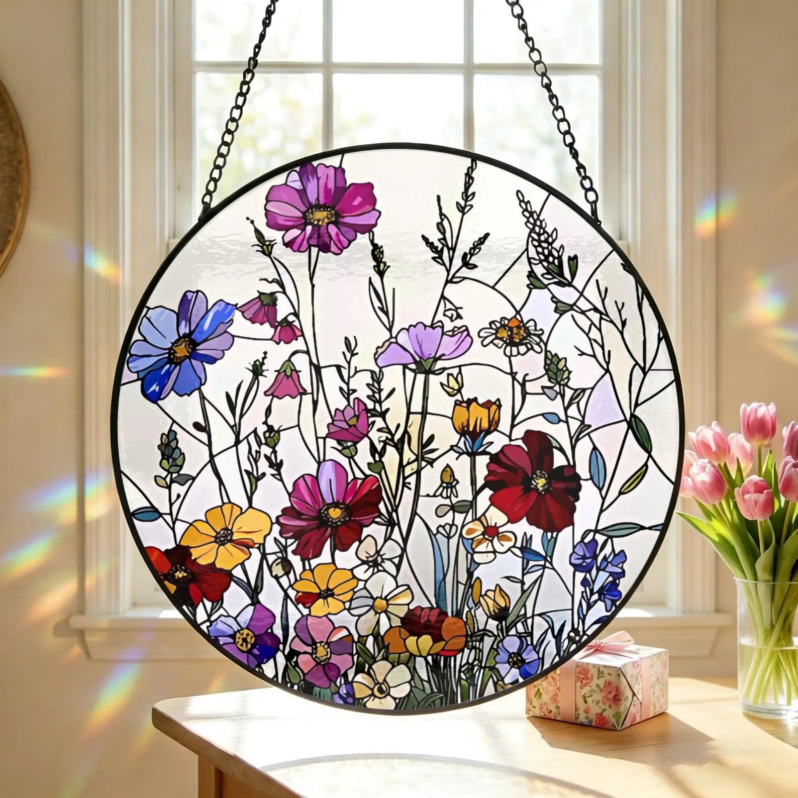 Floral Meadow Stained Glass Suncatcher, Rainbow Mom/Grandma Garden Window Art Gift For Her