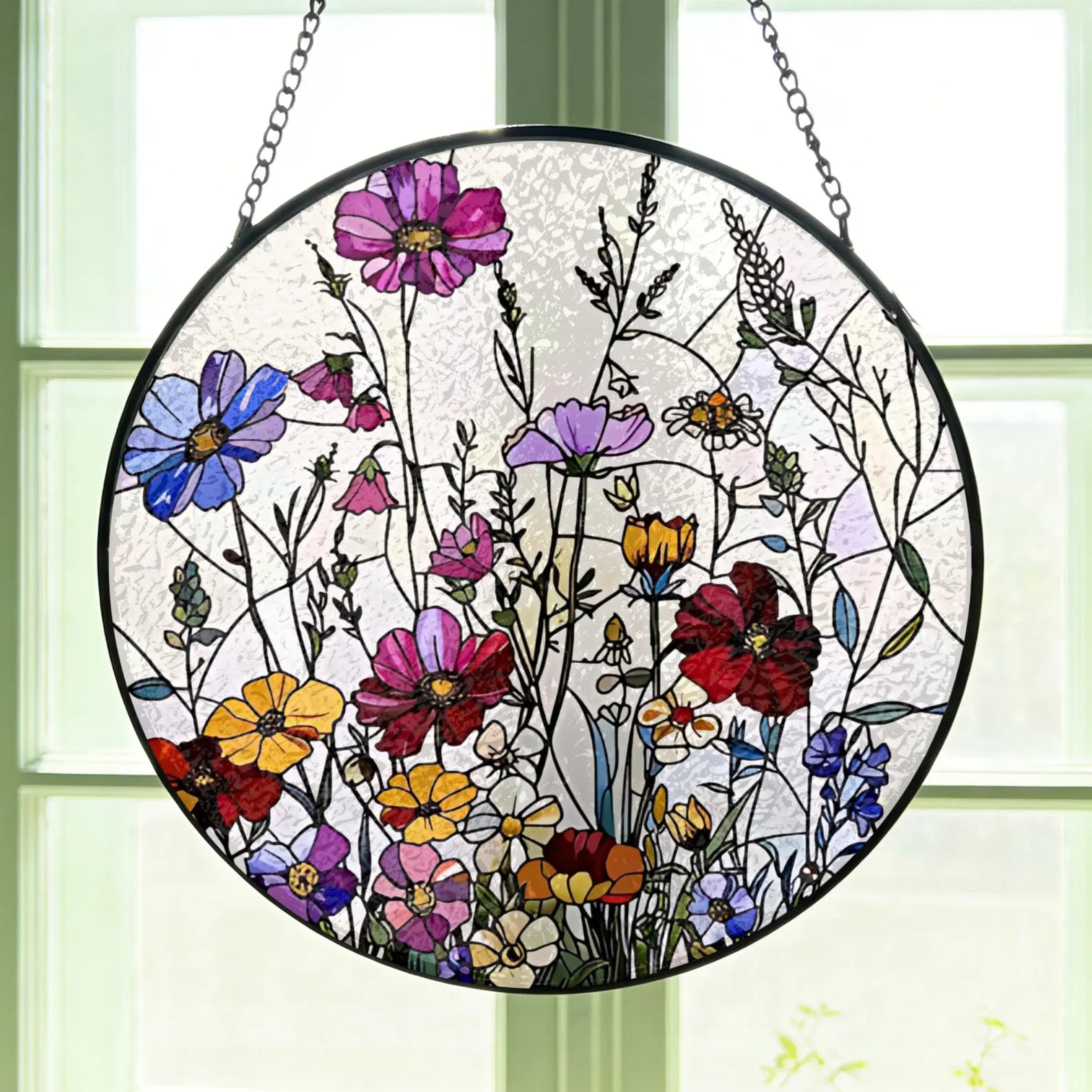 Floral Meadow Stained Glass Suncatcher, Rainbow Mom/Grandma Garden Window Art Gift For Her