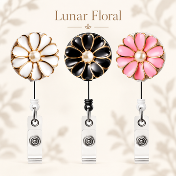 Floral retractable badge reels in white, black and pink