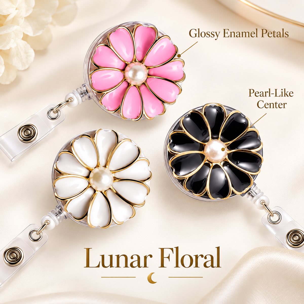 Close-up of glossy enamel petals and pearl-like center