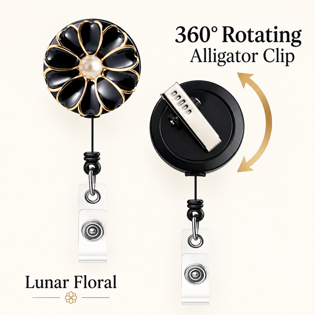 Floral badge reel with 360 degree rotating alligator clip