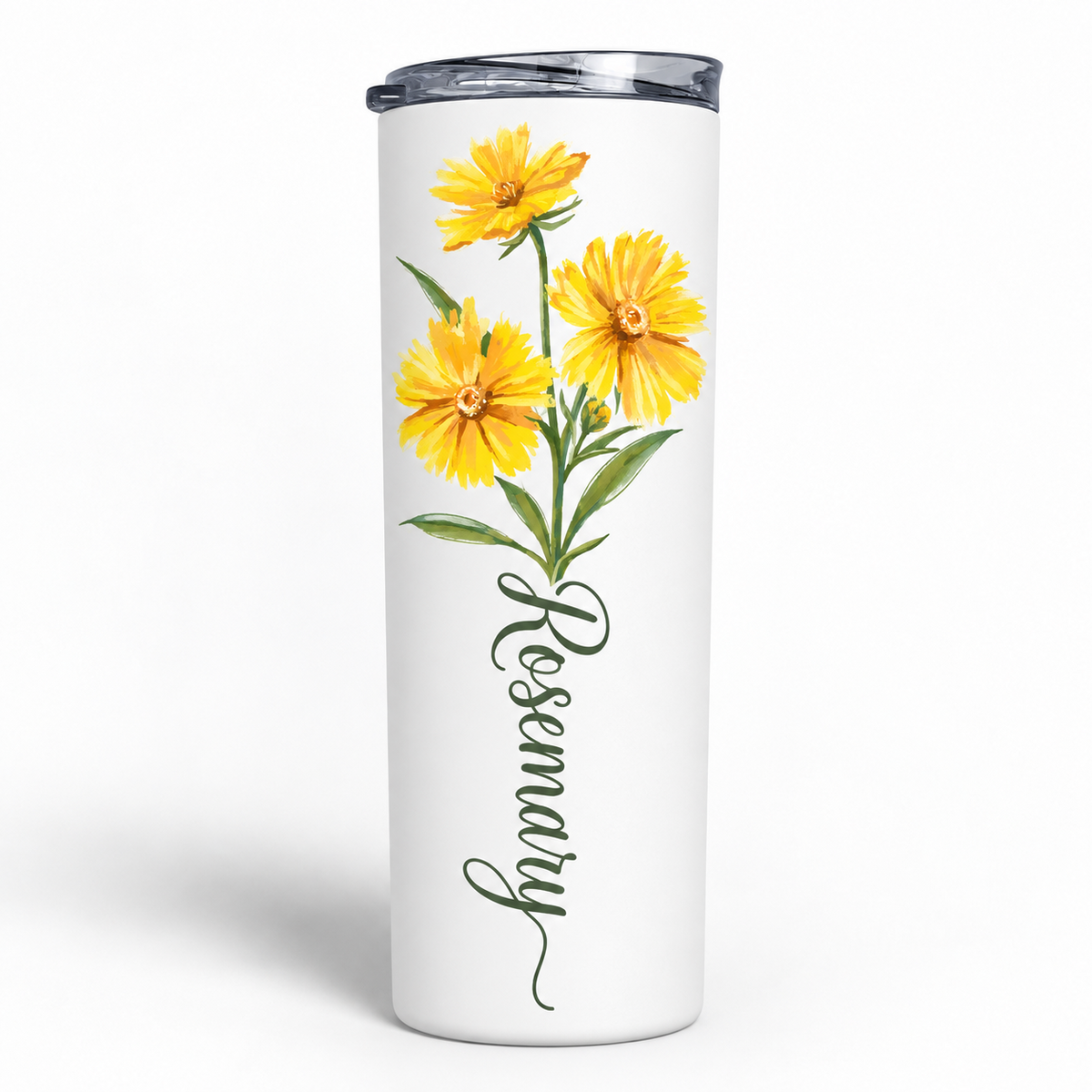 Personalized yellow birth flower tumbler with custom name