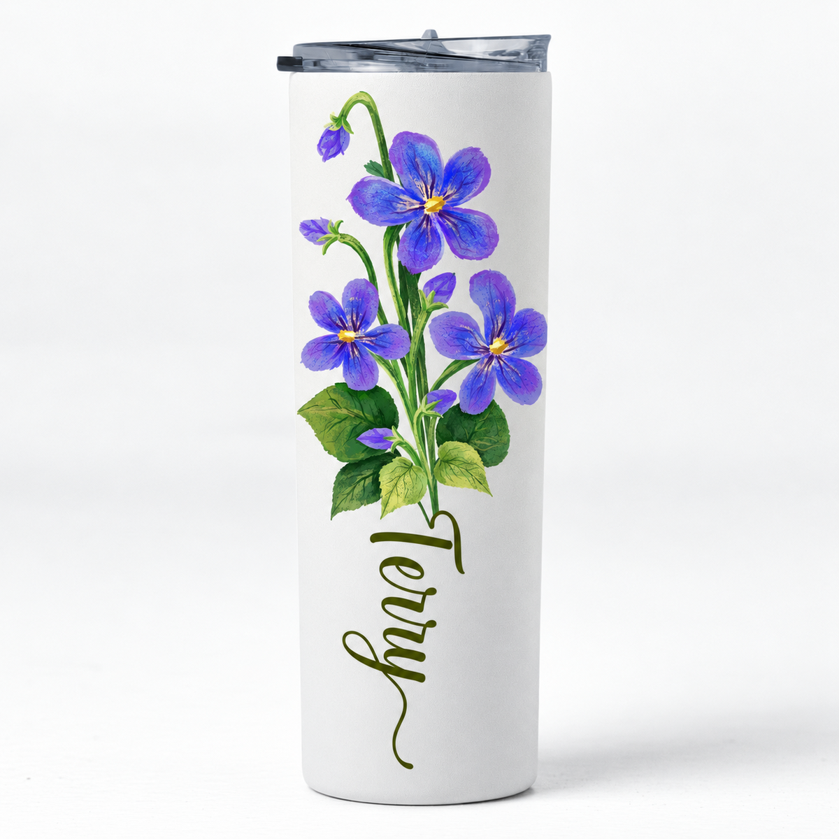 Personalized violet birth flower tumbler with custom name
