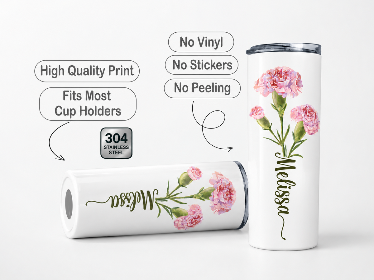 Personalized tumbler features: stainless steel, vivid permanent print