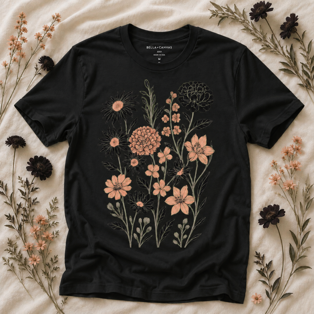 Black vintage botanical flower shirt flat lay