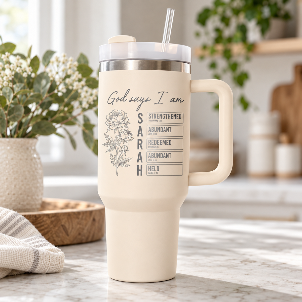 Beige personalized faith affirmation tumbler