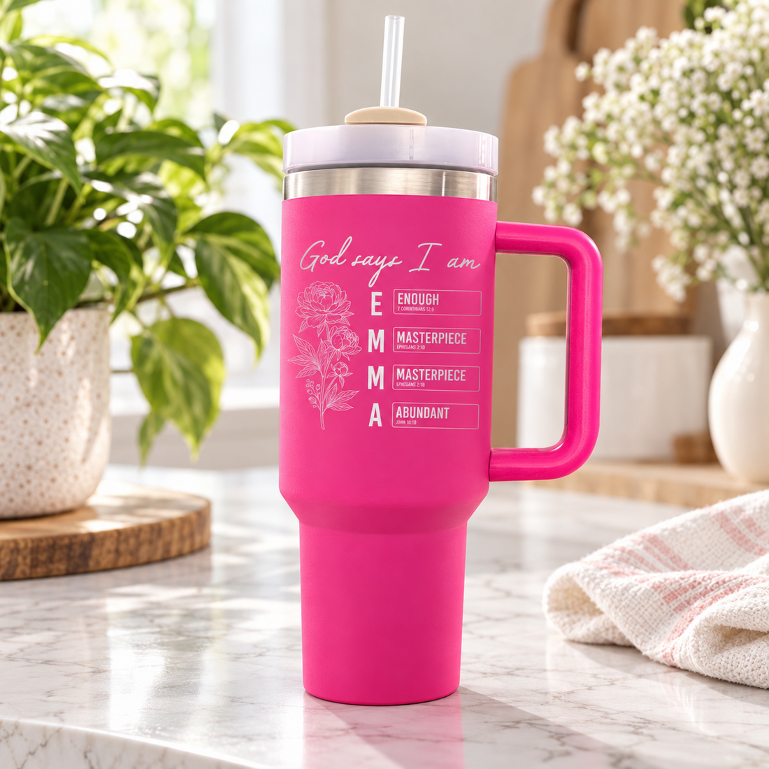 White personalized faith affirmation tumbler