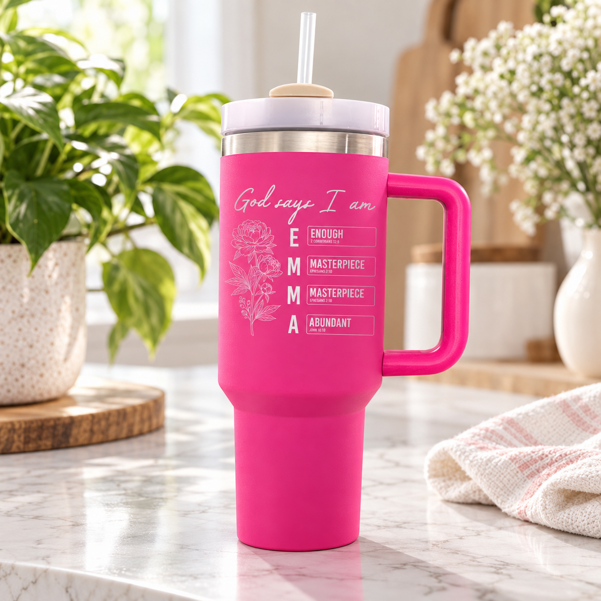 Hot Pink personalized faith affirmation tumbler