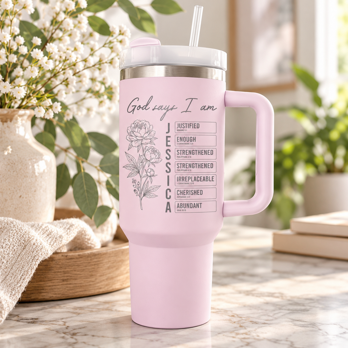 Light Pink personalized faith affirmation tumbler