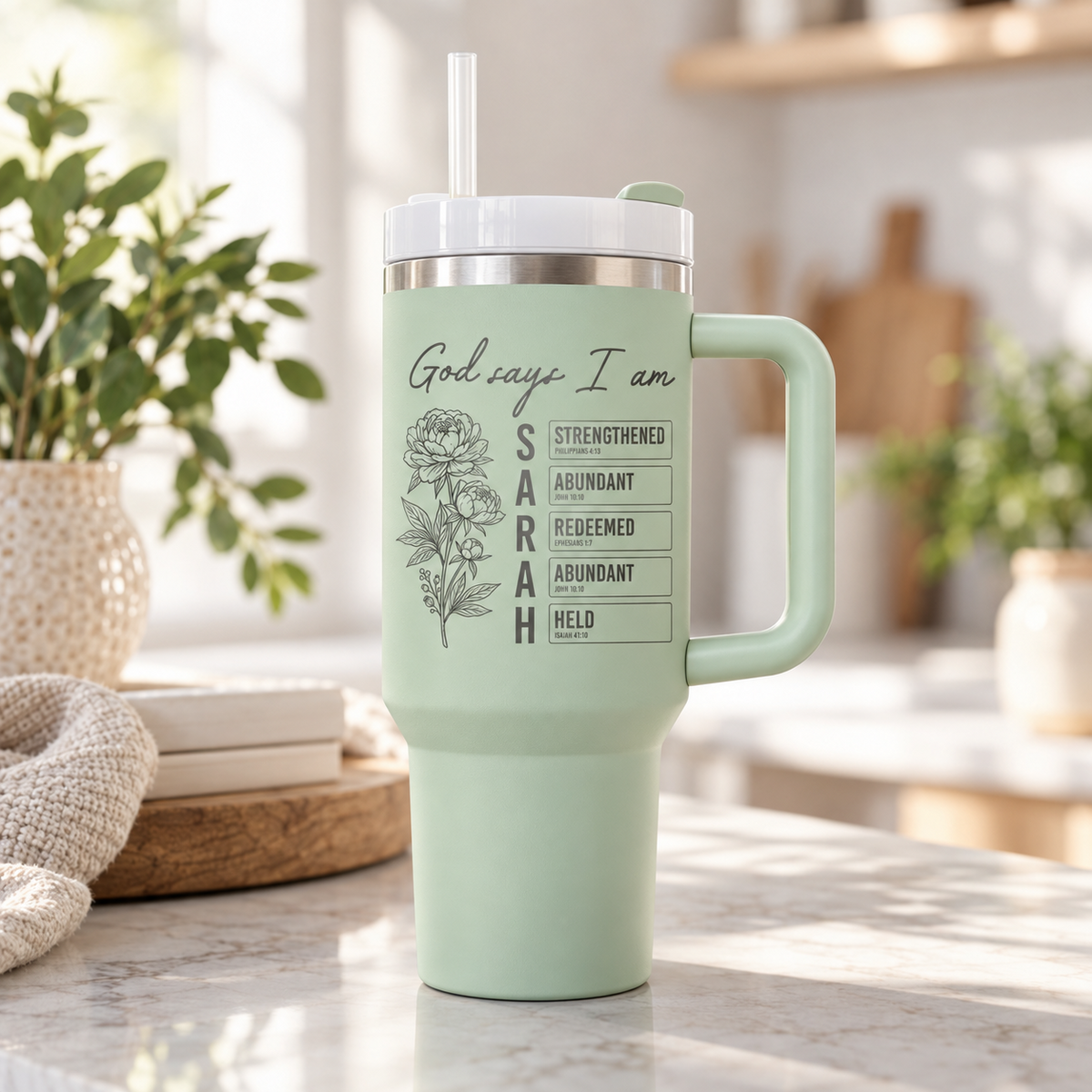 Sage Green personalized faith affirmation tumbler