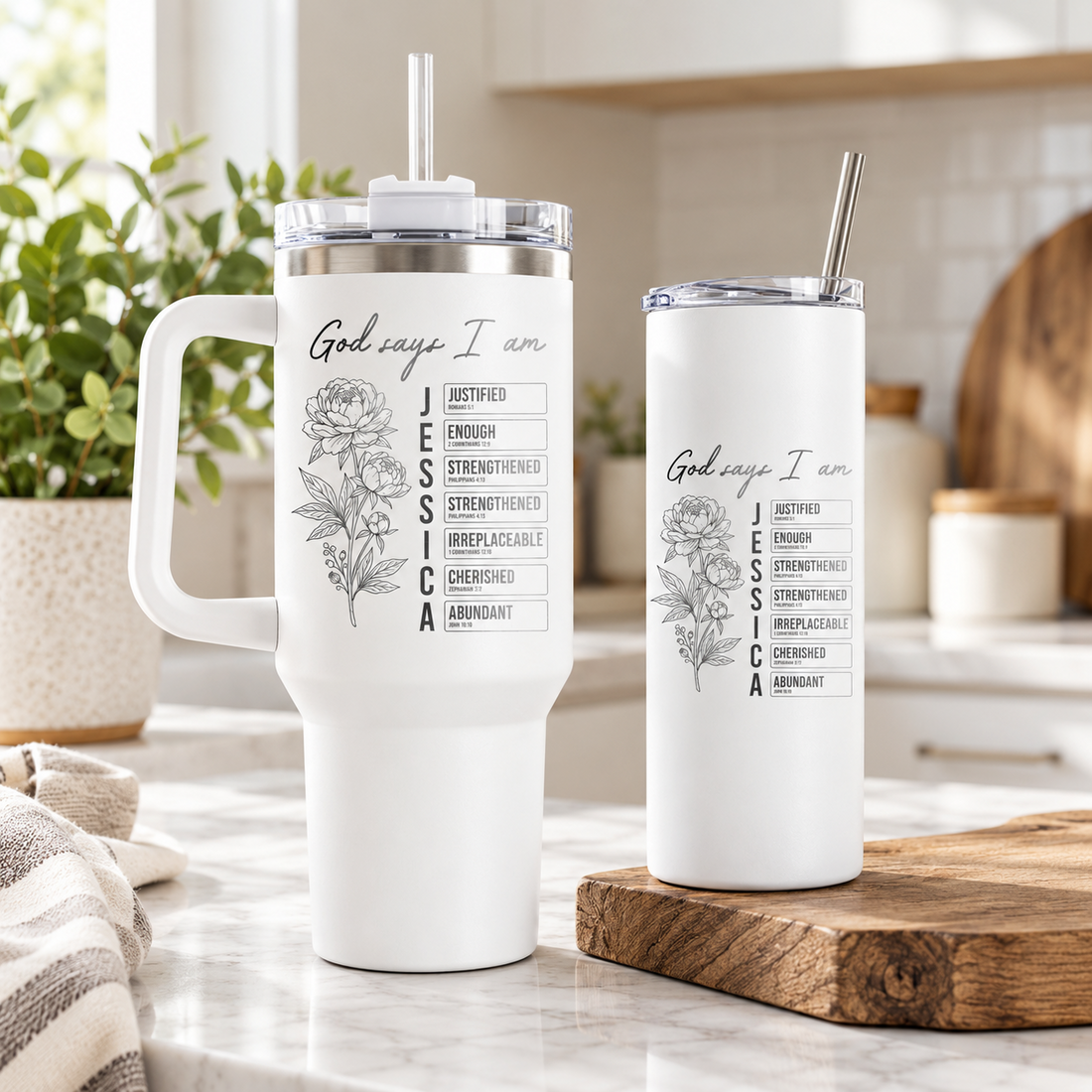 White personalized faith affirmation tumbler