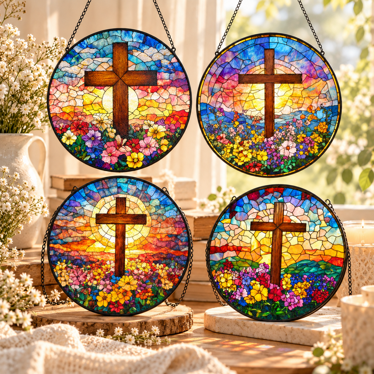 Four stained glass cross suncatcher styles