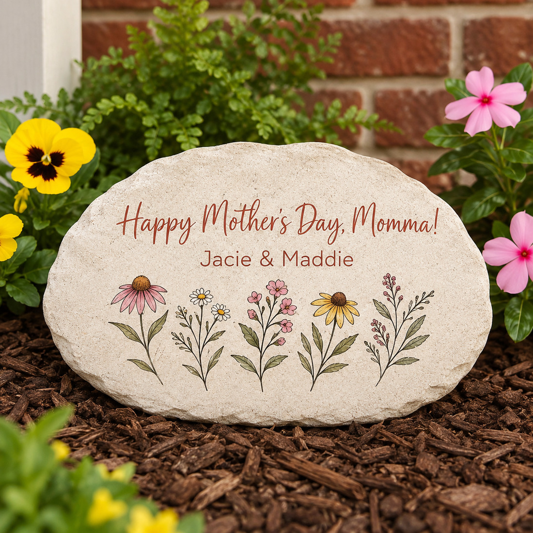 Personalized floral garden stone with two custom text lines
